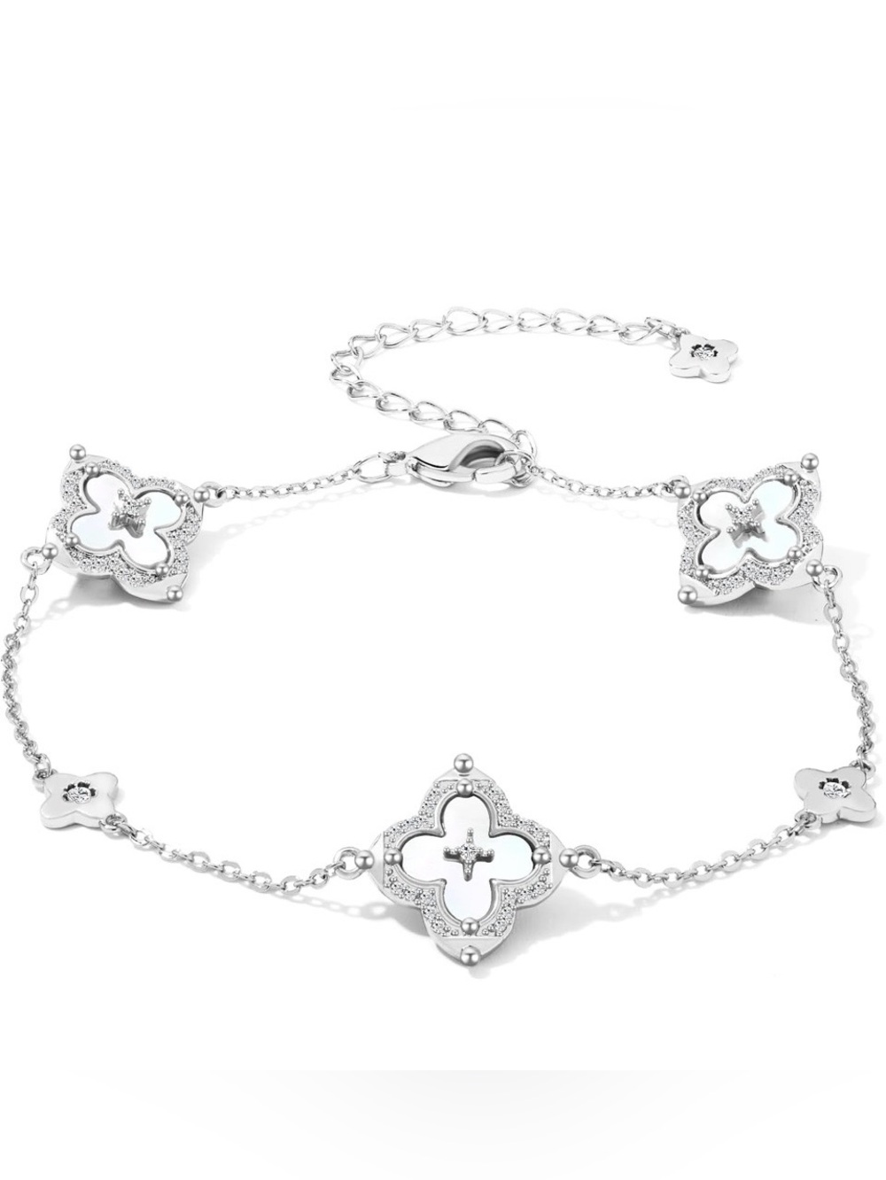 Silver Tone White Clover Bracelet with Mother-of-Pearl Accents